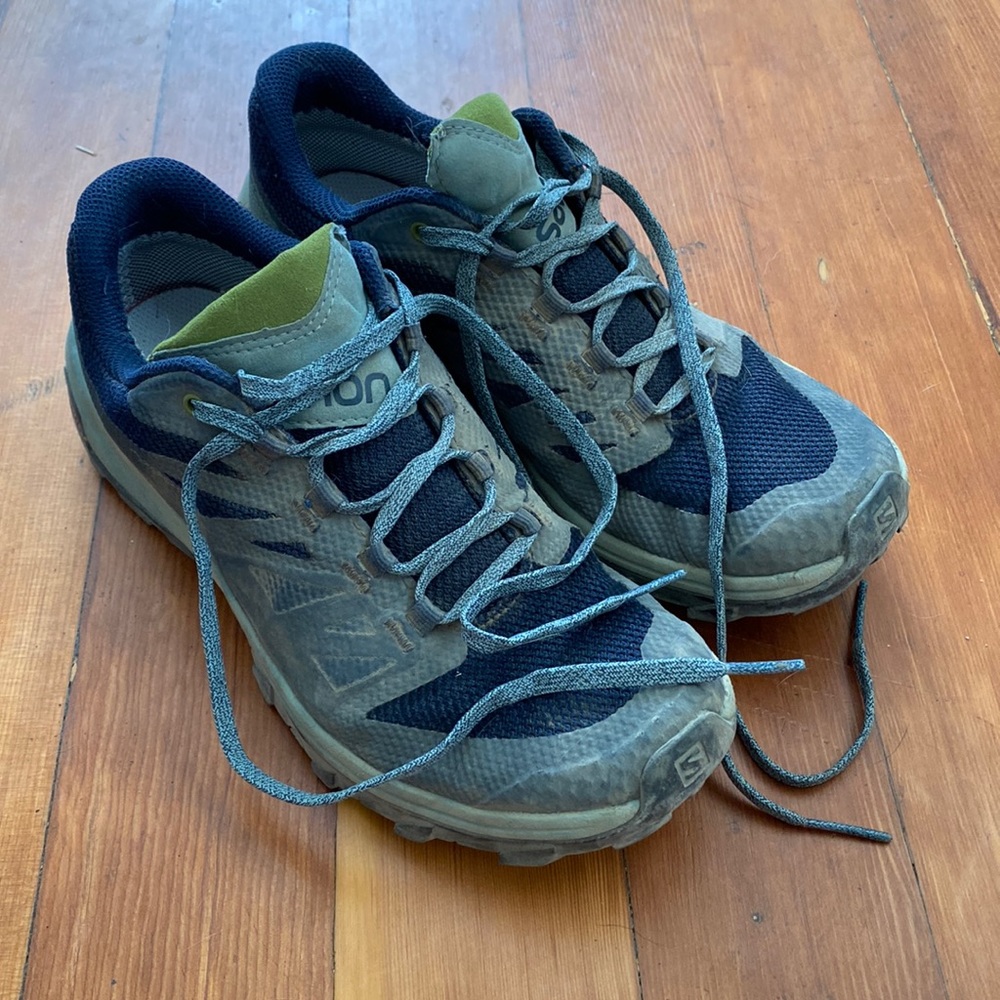 Salomon hiking / trail running shoes - women’s 8 - blue and green